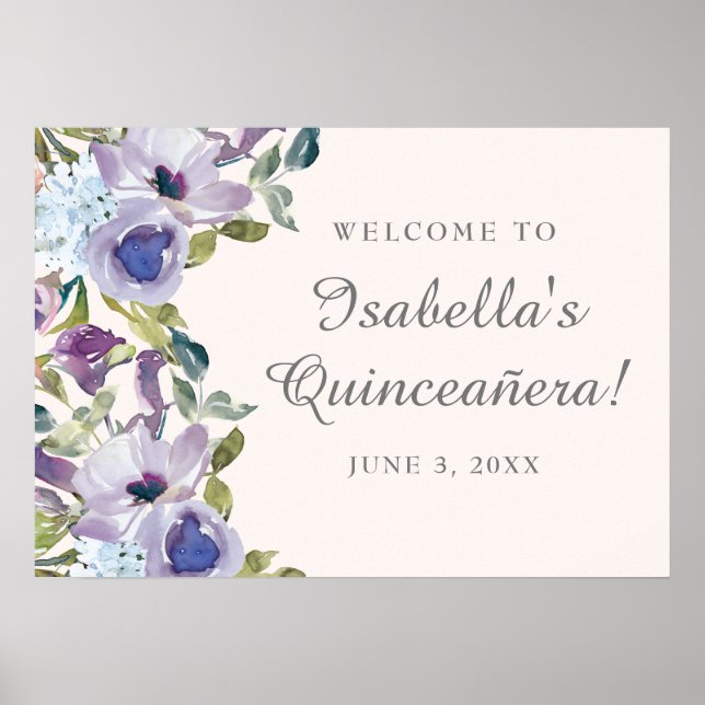 Póster Bienvenidos Elegantes Flores Azules Lilac Quinceañ (Frente)