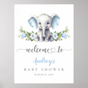 Póster Bienvenidos Elephant Blue Floral Baby Boy Shower