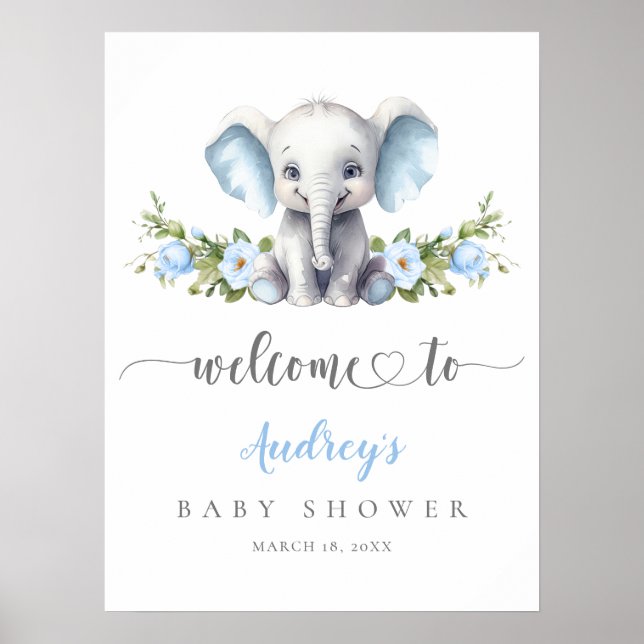 Póster Bienvenidos Elephant Blue Floral Baby Boy Shower (Frente)