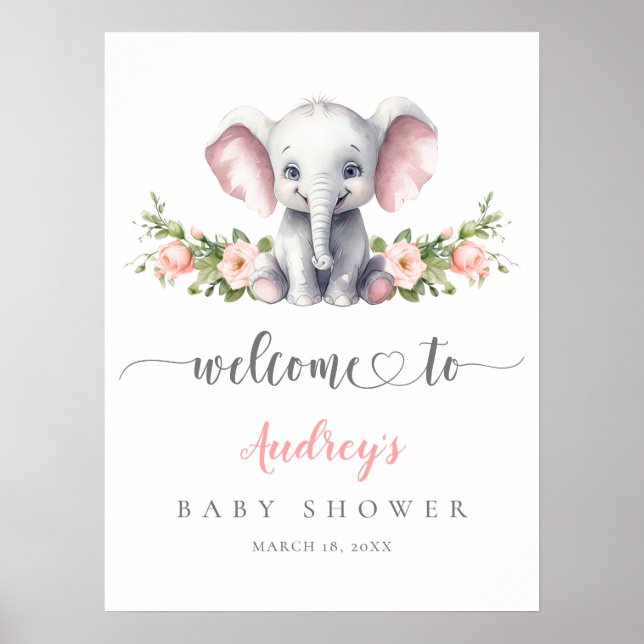 Póster Bienvenidos Elephant Pink Floral Baby Shower (Frente)
