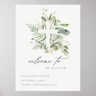Póster Bienvenidos Eucalyptus Fern Fauna Cross Baptism