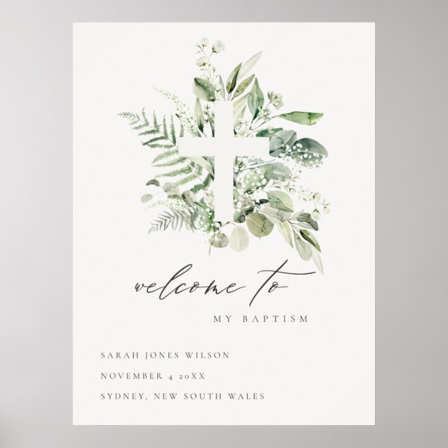 Póster Bienvenidos Eucalyptus Fern Fauna Cross Baptism (Frente)
