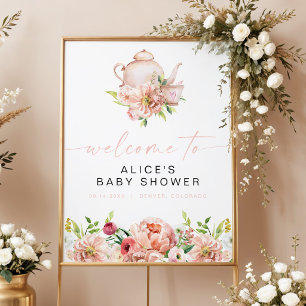 Póster Bienvenidos Fiesta de ducha de té con flores ALICE