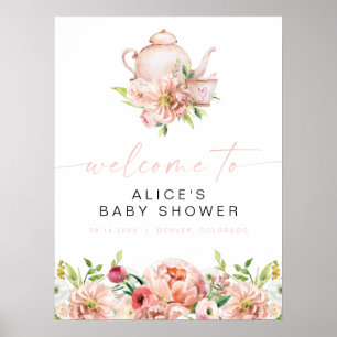 Póster Bienvenidos Fiesta de ducha de té con flores ALICE