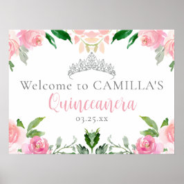 Póster Bienvenidos Fiestas de Quinceañera Floral Rosa mod