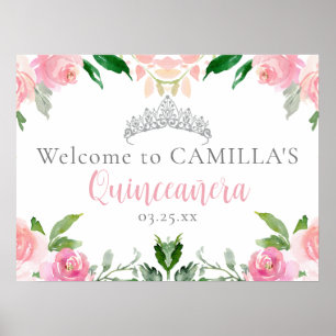 Póster Bienvenidos Fiestas de Quinceañera Floral Rosa mod