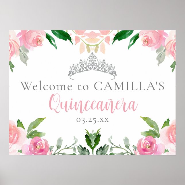 Póster Bienvenidos Fiestas de Quinceañera Floral Rosa mod (Frente)