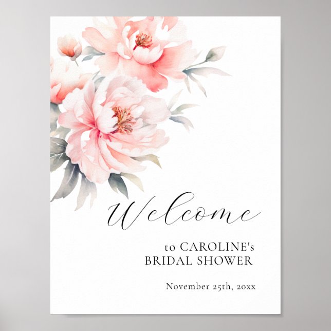 Póster BIENVENIDOS Floral Peonies DUCHA BRIDAL rosa Rubor (Frente)
