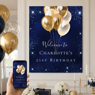 Póster Bienvenidos globos dorados purpurinas de la marina