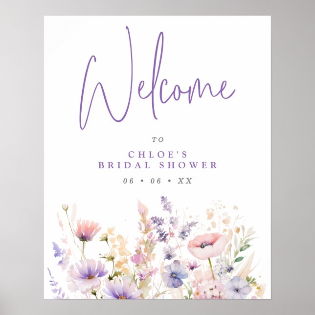 Póster Bienvenidos Lilac Flores Silvestres Ducha Bridal (Frente)