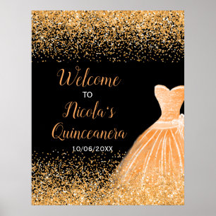 Póster Bienvenidos naranja Vestido Faux Purpurina Quincea