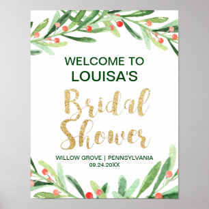 Póster Bienvenidos navidades Holly Wreath Bridal Shower