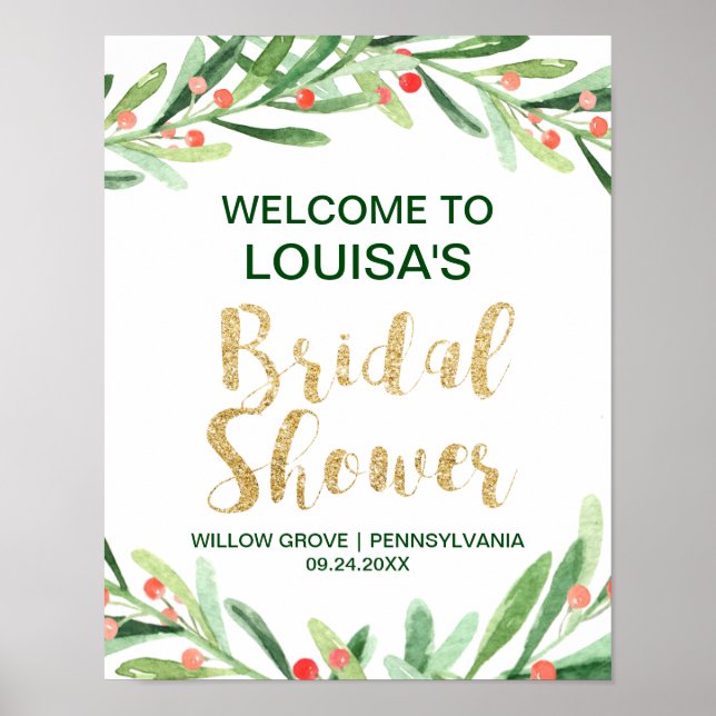 Póster Bienvenidos navidades Holly Wreath Bridal Shower (Frente)