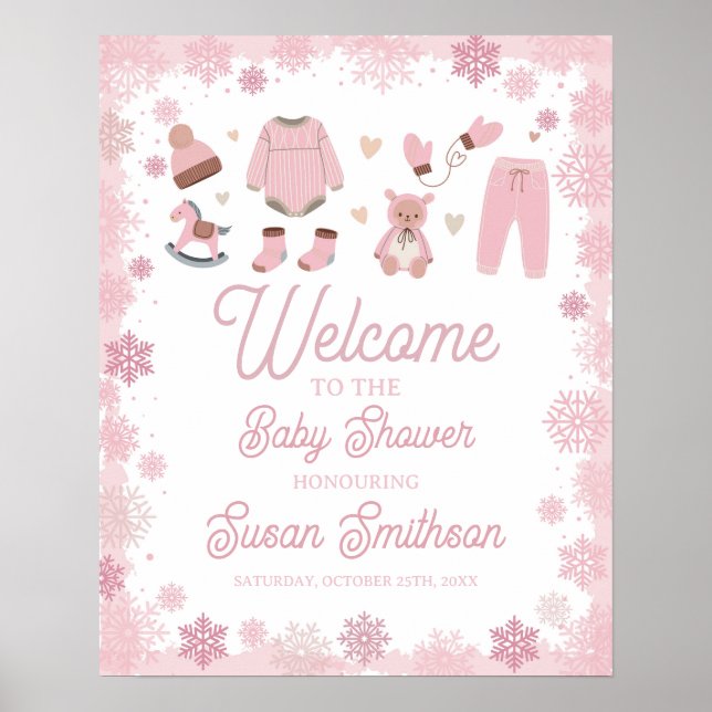 Póster Bienvenidos Poster Baby Shower Pink Snow Winter (Frente)