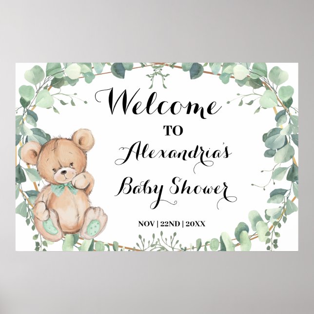 Póster Bienvenidos Poster de Baby Shower Greenery Bear Go (Frente)