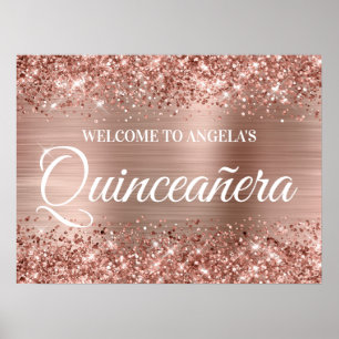 Póster Bienvenidos Rosa Purpurina de Oro y Relieve metali