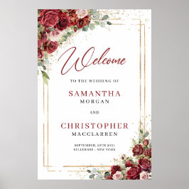 Póster Bienvenidos rosas de borgoña Boda eucalipto