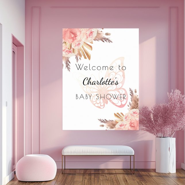 Póster Bienvenidos rosas de mariposas rosadas de Baby Sho (Subido por el creador)