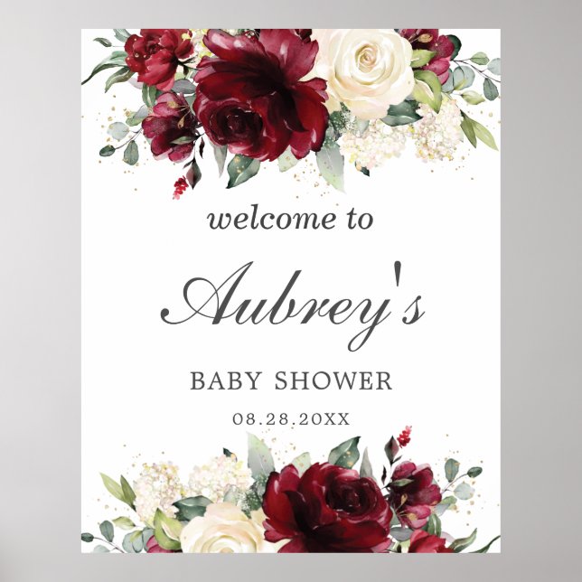 Póster Bienvenidos Rustic Burgundy Floral a Baby Shower (Frente)