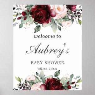 Póster Bienvenidos Rustic Burgundy Rubor Floral a Baby Sh