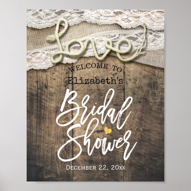 Póster Bienvenidos Rústico Amor Rope Burlap Lace Bridal S (Frente)