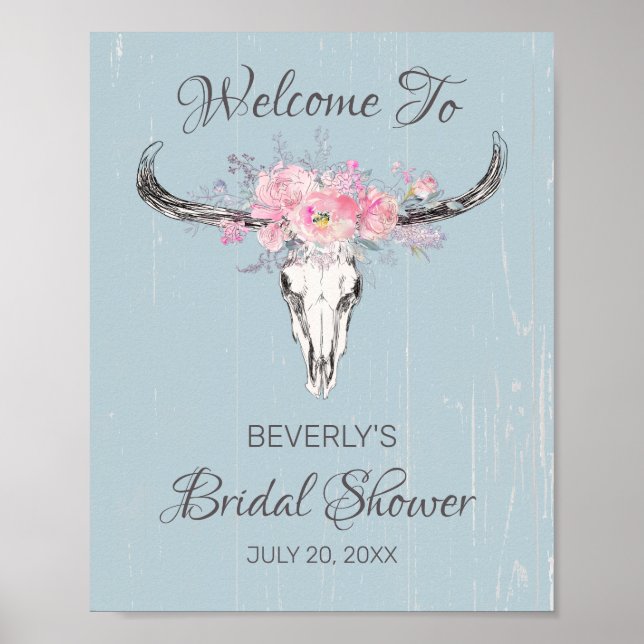 Póster Bienvenidos Rústicos Cow Skull Boho Floral Bridal  (Frente)