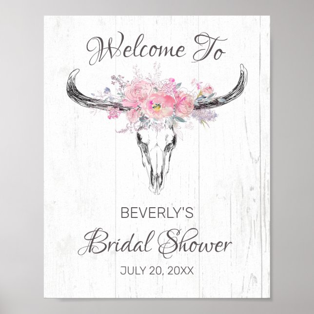 Póster Bienvenidos Rústicos Cow Skull Boho Floral Bridal  (Frente)