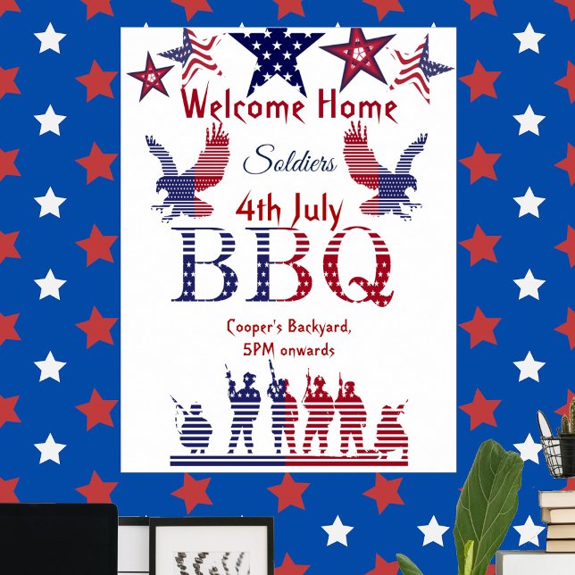 Póster Bienvenidos soldados de casa 4 de julio BBQ Águila (Welcome Home Soldiers 4th July BBQ Flying Eagles Poster)