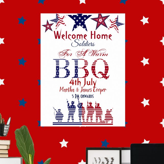 Póster Bienvenidos Soldados Hogares 4 de Julio BBQ Estrel (Welcome Home Soldiers 4th July BBQ Red Blue Stars Poster)