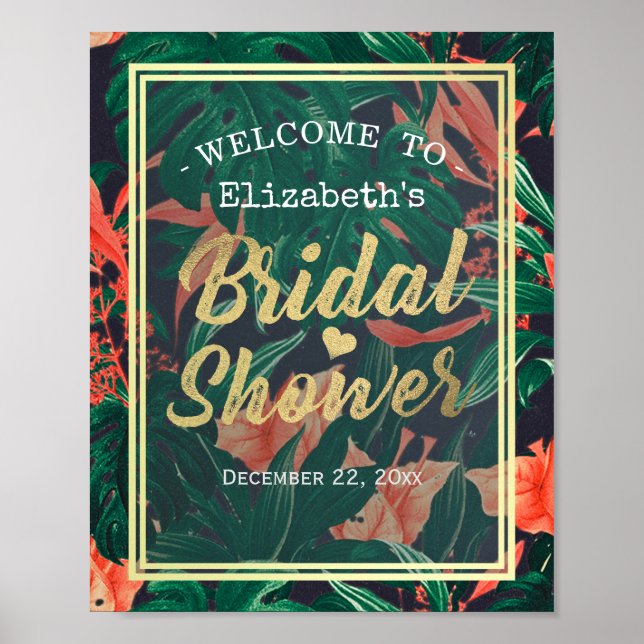 Póster Bienvenidos Tropical Floral Gold Frame Bridal Show (Frente)