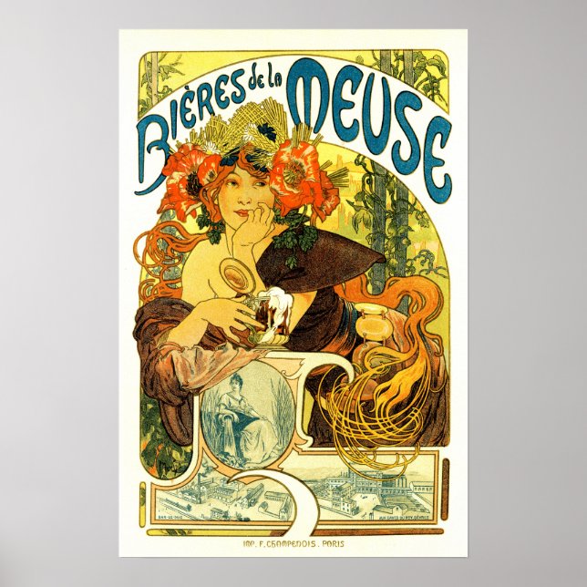 Póster BIERES DE LA MEUSE Beer Alphonse Mucha Art Nouveau (Frente)