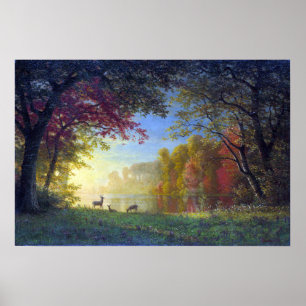 Póster Bierstadt - Atardecer Indio Ciervos Junto a un Lag