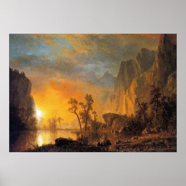 Póster Bierstadt Sunset en la pintura de las rocas (Frente)