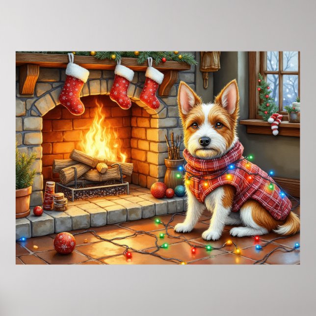 Póster Biewer Terrier Chimenea con Luces de Navidad (Frente)