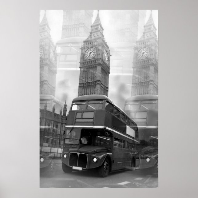 Póster Big Ben del autobús blanco negro de Londres (Frente)