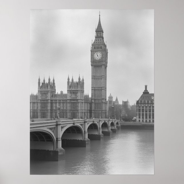 Póster Big Ben negro y blanco - Monumento histórico de Lo (Frente)