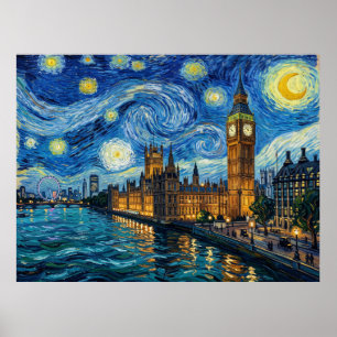 Póster Big Ben Torre Elizabeth Londres Bajo Noche Estrell