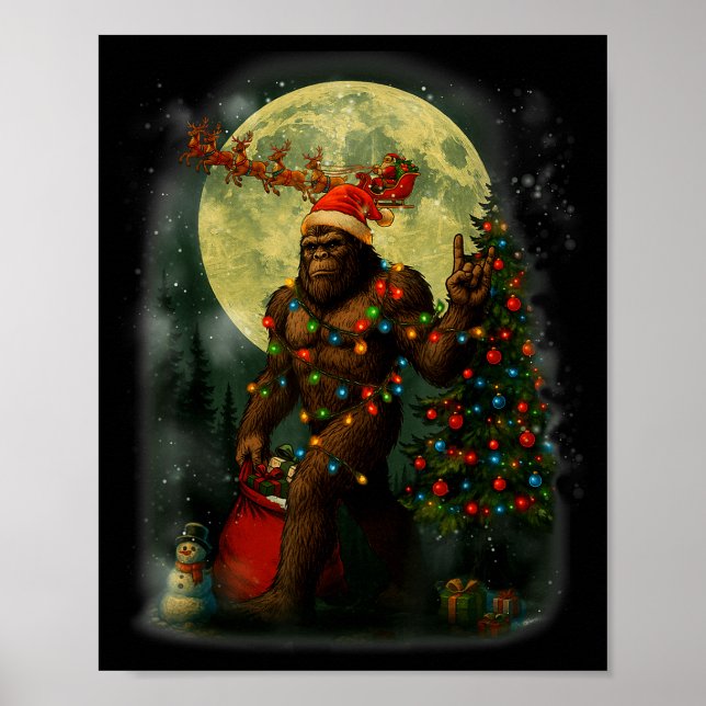 Póster Big Foot Rock On Santa Snowman Christmas Tree Xmas (Frente)