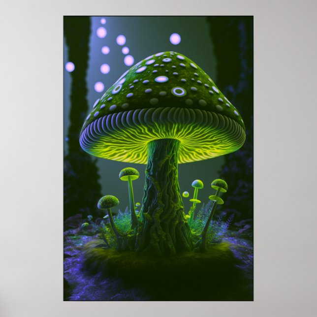 Póster Big Glowy Mushroom - Verde e Índigo (Frente)