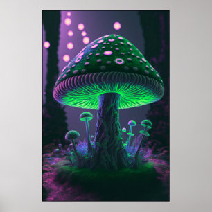 Póster Big Glowy Mushroom - Verde y Rosa