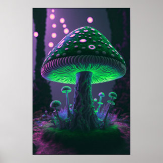 Póster Big Glowy Mushroom - Verde y Rosa
