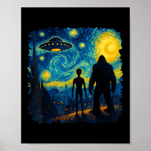 Póster Bigfoot Alien Ovni Van Gogh Noche Estrellada Sasqu
