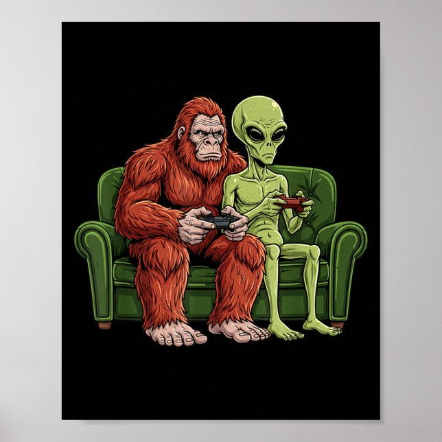 Póster Bigfoot Alien Video Games Gaming Sasquatch Ufo Men (Frente)
