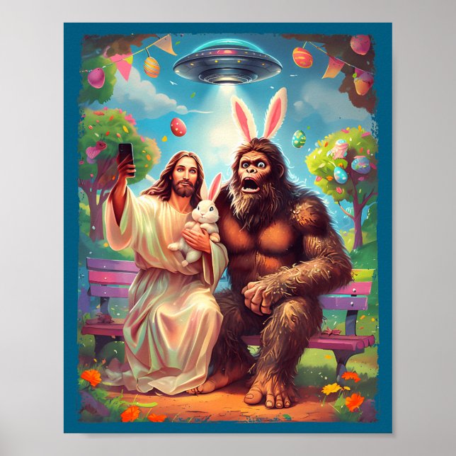 Póster Bigfoot bunny funny easter jesus sasquatch selfie  (Frente)