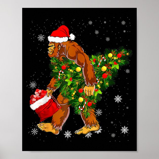 Póster Bigfoot Carrying Christmas Tree Sasquatch Believer (Frente)