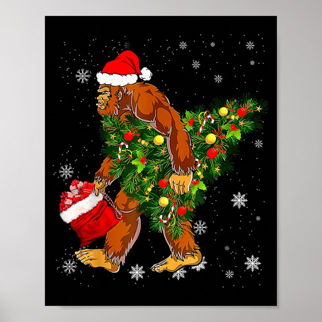 Póster Bigfoot Carrying Christmas Tree Sasquatch Believer (Frente)