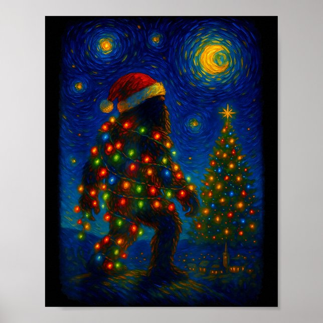 Póster Bigfoot Christmas Sasquatch Santa Hat Starry Night (Frente)