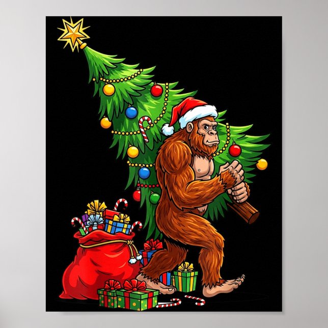 Póster Bigfoot Christmas Tree Xmas Lights Funny Sasquatch (Frente)