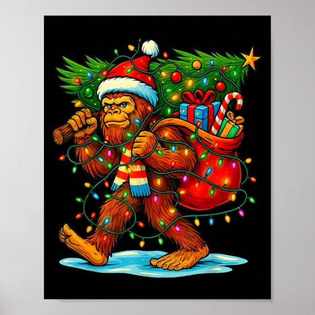 Póster Bigfoot Christmas Tree Xmas Sasquatch Funny Lights (Frente)