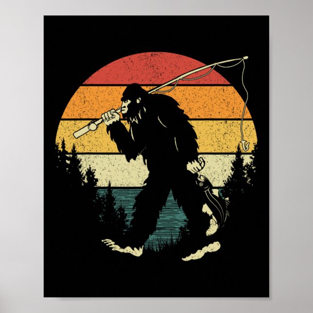 Póster Bigfoot Fishing Funny Sasquatch Fish Sunset 80s By (Frente)